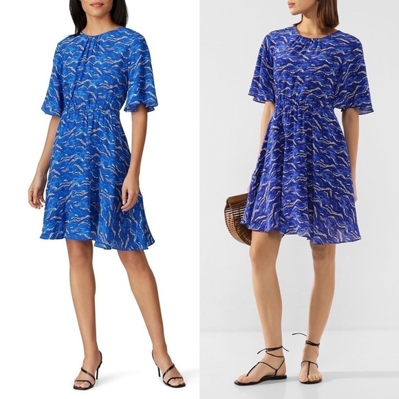TARA JARMON Mini Dress Silk Watercolor Wave Print Flutter Short Sleeve Pleated 8 - Picture 1 of 10